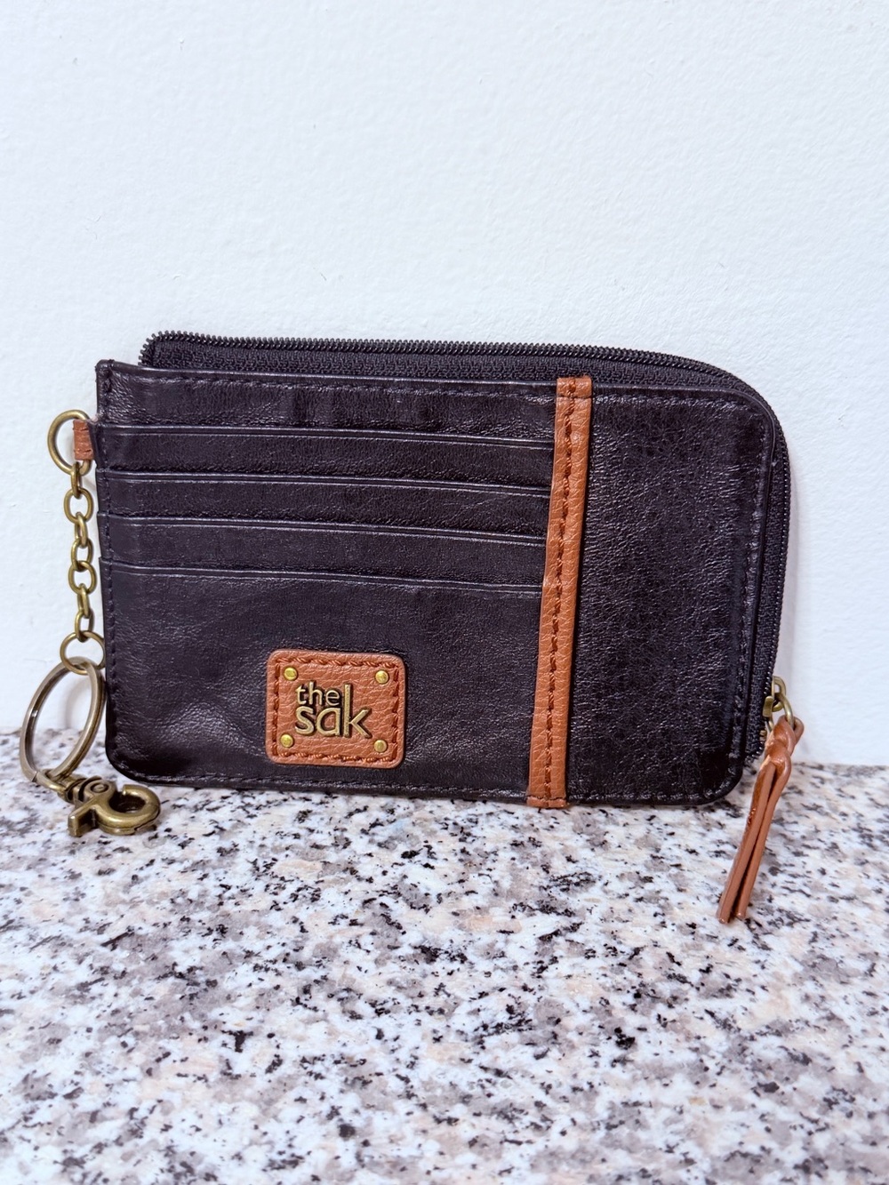 The Sak Black Leather Card Wallet with Brown Accent